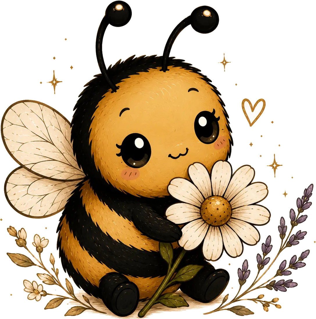Honey, the Honey & Hex bee mascot, holding a daisy