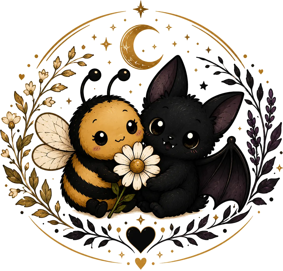Honey the bee and Hex the bat sitting together inside a gold wreath