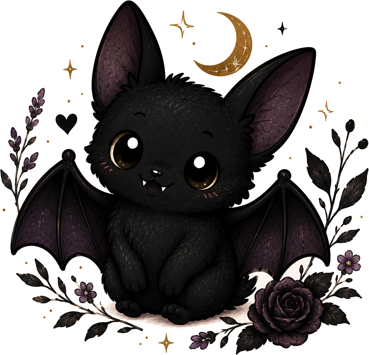 Hex, the Honey & Hex bat mascot, surrounded by stars and dark florals